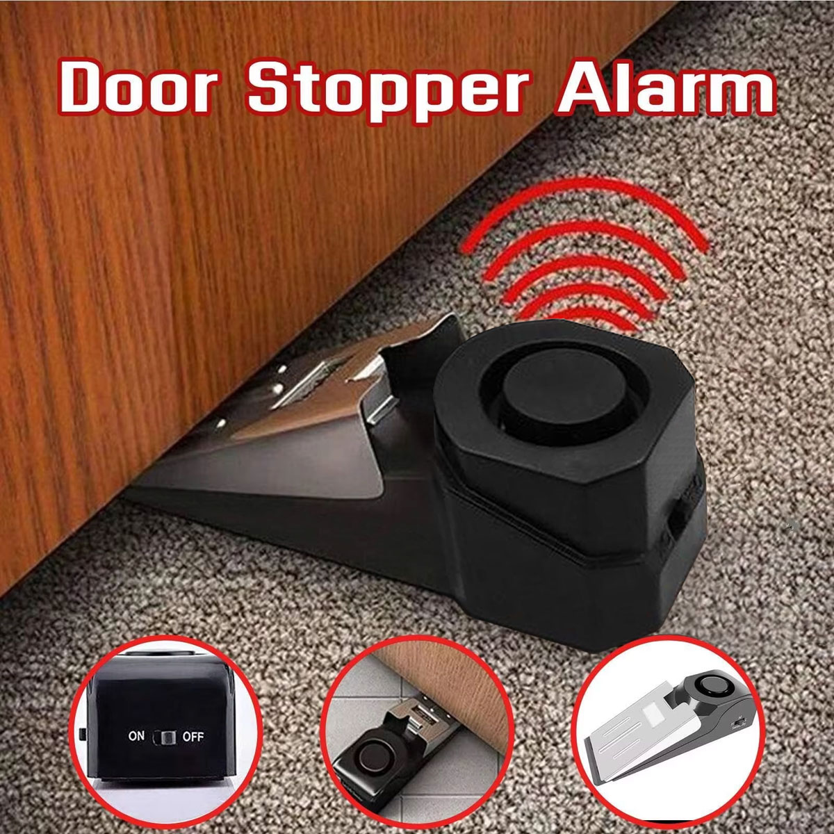 Door Stop Alarm - ระบบเตือนภัยประตูไร้สาย 120dB ตัวกันประตูแบบลิ่ม ป้องกันการงัดแงะ ตัวหยุดประตูบ้าน พร้อมสัญญาณเตือนแรงกด