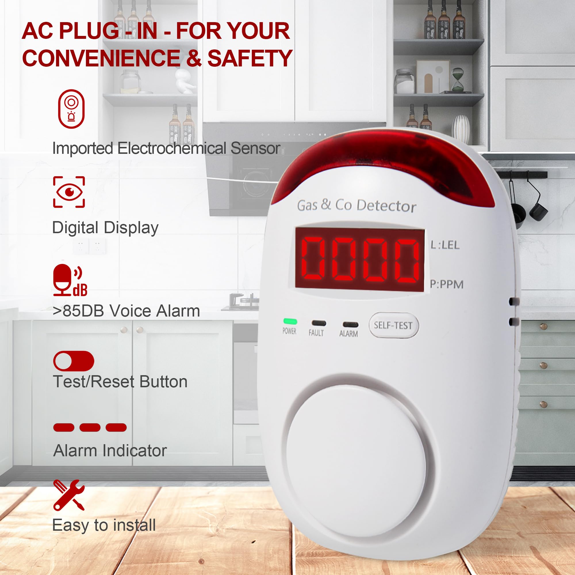 Co Detector Plug - เครื่องตรวจจับก๊าซและคาร์บอนมอนอกไซด์แบบรวม 2-in-1 ใช้งานง่าย เพียงเสียบปลั๊ก เครื่องตรวจจับก๊าซธรรมชาติและสัญญาณเตือนคาร์บอนมอนอกไซด์ เครื่องตรวจจับและสัญญาณเตือน